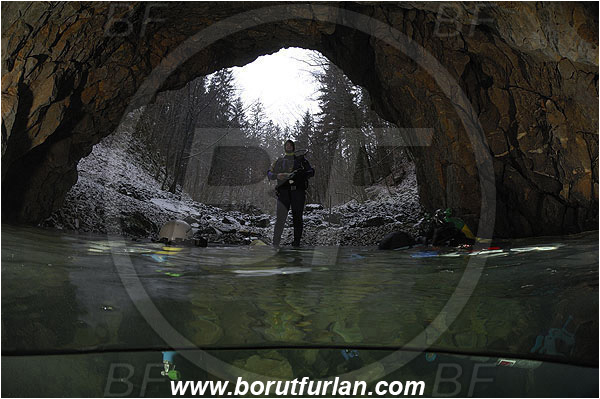 Cave, Veliko okence, Vrhnika, Slovenia, Split-shot, Divers, Entrance, Over-under