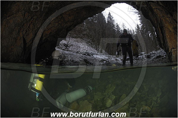 Cave, Veliko okence, Vrhnika, Slovenia, Split-shot, Divers, Entrance, Over-under