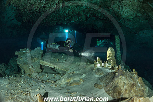 Cave, Tajma Ha, Cenotes, Tulum, Yucatan, Mexico, Light ray, Stalactite, Diver