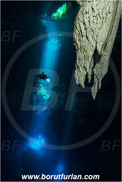 Cave, El Pit, Cenotes, Tulum, Yucatan, Mexico, Light ray, Stalactite, Diver