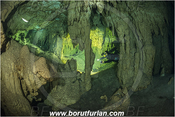 Cave, Takbeluum, Cenotes, Tulum, Yucatan, Mexico, Stalactite, Diver, Backlight