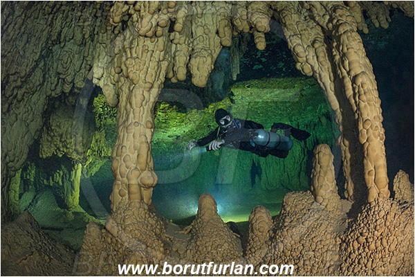 Cave, Takbeluum, Cenotes, Tulum, Yucatan, Mexico, Stalactite, Diver, Backlight