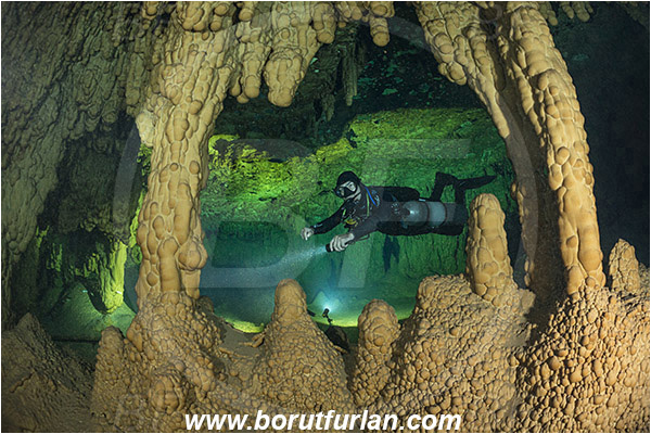 Cave, Takbeluum, Cenotes, Tulum, Yucatan, Mexico, Stalactite, Diver, Backlight