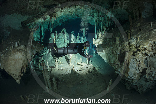 Cave, Dream gate, Cenotes, Tulum, Yucatan, Mexico, Stalactite, Diver, Backlight