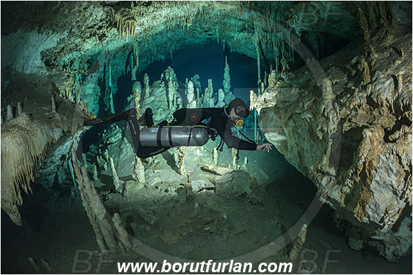 Cave, Dream gate, Cenotes, Tulum, Yucatan, Mexico, Stalactite, Diver, Backlight