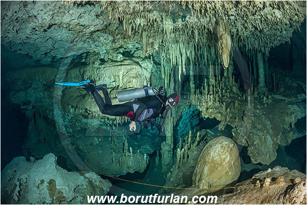 Cave, Dream gate, Cenotes, Tulum, Yucatan, Mexico, Stalactite, Diver, Backlight