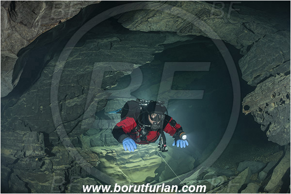 Cave, Suhadolca, Cerkniško jezero, Slovenia, Diver, Backlight