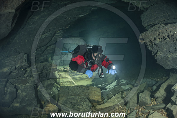 Cave, Suhadolca, Cerkniško jezero, Slovenia, Diver, Backlight