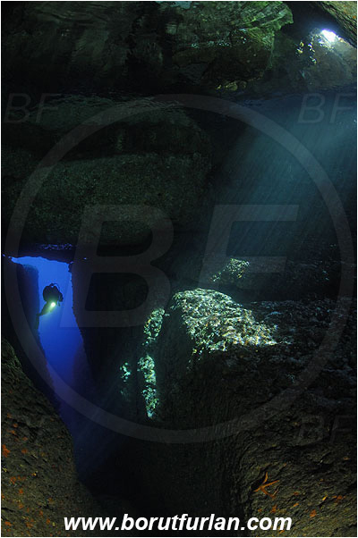 Island Susac, Croatia, Adriatic sea, Mediterranean sea, Reef, Cave, Diver, Light rays, Canyon