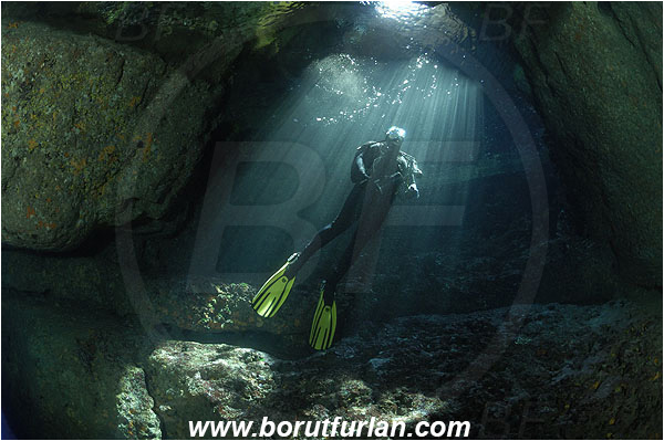 Island Susac, Croatia, Adriatic sea, Mediterranean sea, Reef, Cave, Diver, Light rays