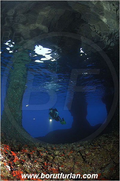Island Vis, Croatia, Adriatic sea, Mediterranean sea, Reef, Cave, Pillar, Rocks, Diver