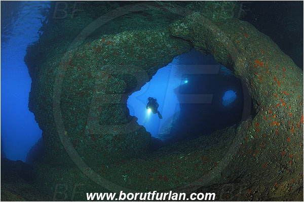 Island Vis, Croatia, Adriatic sea, Mediterranean sea, Reef, Cave, Stone arch, Rocks, Diver