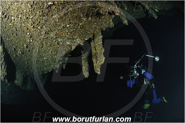 Island Brac, Croatia, Adriatic sea, Mediterranean sea, Reef, Cave, Stalactite, Diver, Underwater photographer