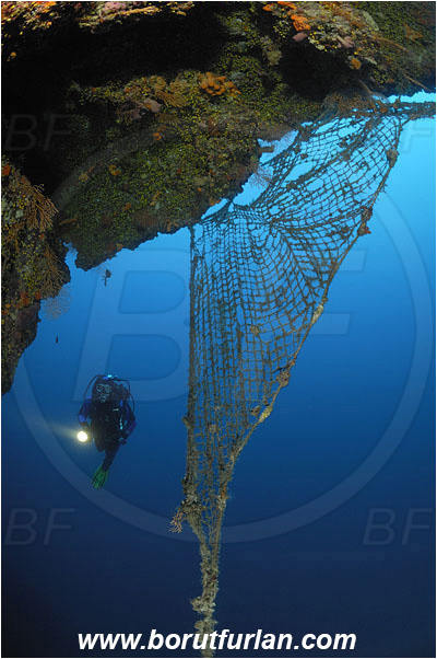 Island Solta, Croatia, Adriatic sea, Mediterranean sea, Discarded fishing net, Fishing net, Reef, Wall, Overhang, Diver