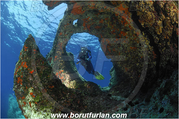 Island Susac, Croatia, Adriatic sea, Mediterranean sea, Reef, Window, Tunnel, Rocks, Diver