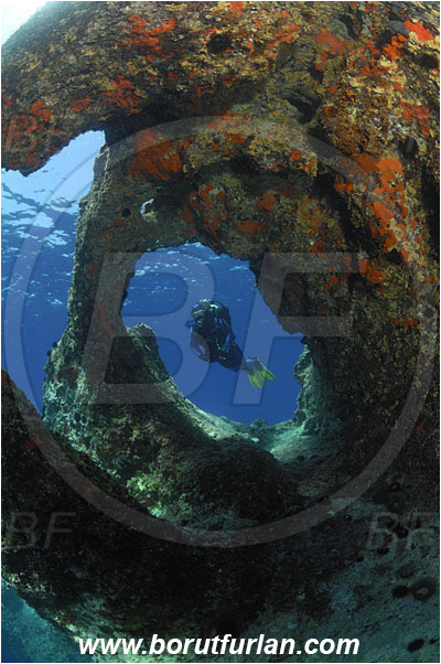 Island Susac, Croatia, Adriatic sea, Mediterranean sea, Reef, Window, Tunnel, Rocks, Diver