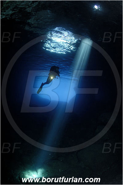 Island Vis, Croatia, Adriatic sea, Mediterranean sea, Reef, Cave, Green cave, Diver, Light ray