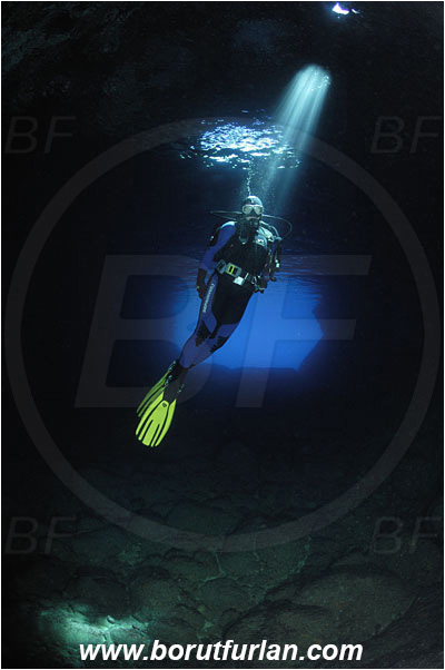Island Vis, Croatia, Adriatic sea, Mediterranean sea, Reef, Cave, Green cave, Diver, Light ray
