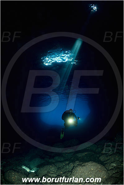 Island Vis, Croatia, Adriatic sea, Mediterranean sea, Reef, Cave, Green cave, Diver, Light ray
