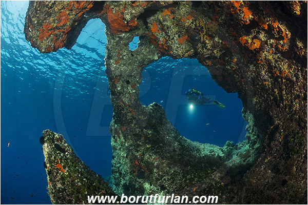 Island Susac, Croatia, Adriatic sea, Mediterranean sea, Reef, Window, Tunnel, Rocks, Diver