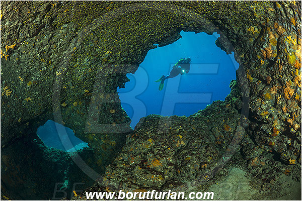 Island Susac, Croatia, Adriatic sea, Mediterranean sea, Reef, Window, Tunnel, Cave, Diver