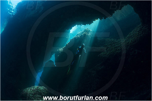 Island Susac, Croatia, Adriatic sea, Mediterranean sea, Reef, Cave, Sea lake, Light rays, Diver