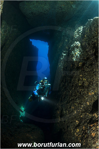 Island Susac, Croatia, Adriatic sea, Mediterranean sea, Reef, Cave, Diver, Light rays, Canyon