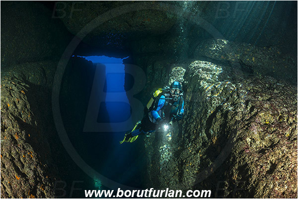 Island Susac, Croatia, Adriatic sea, Mediterranean sea, Reef, Cave, Diver, Light rays, Canyon