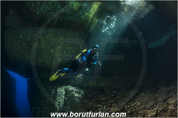 Island Susac, Croatia, Adriatic sea, Mediterranean sea, Reef, Cave, Diver, Light rays, Canyon