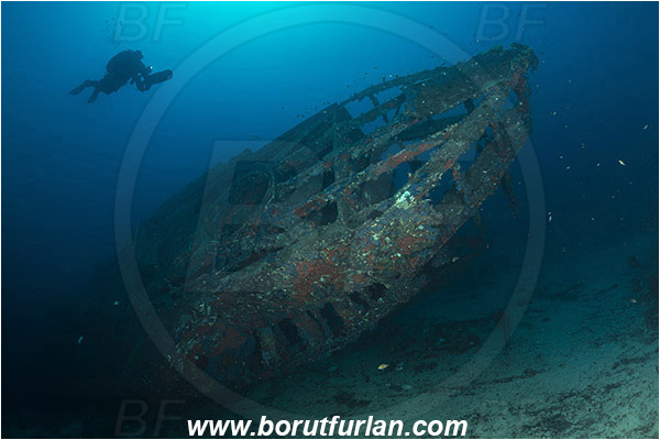 Peljesac, Croatia, Adriatic sea, Mediterranean sea, Wreck, S-57 wreck (German "speedboat" from WW II), S-57, Diver, Underwater scooter
