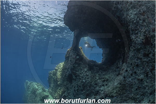 Island Susac, Croatia, Adriatic sea, Mediterranean sea, Reef, Window, Tunnel, Rocks, Diver