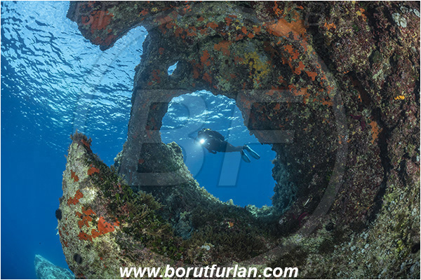 Island Susac, Croatia, Adriatic sea, Mediterranean sea, Reef, Window, Tunnel, Rocks, Diver