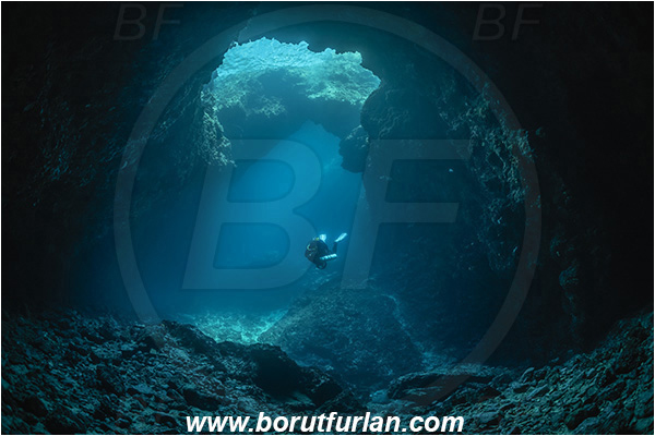 Island Korcula, Croatia, Adriatic sea, Mediterranean sea, Reef, Cave, Canyon, Stone bridge, Light rays, Diver