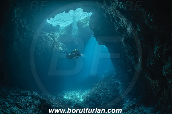 Island Korcula, Croatia, Adriatic sea, Mediterranean sea, Reef, Cave, Canyon, Stone bridge, Light rays, Diver