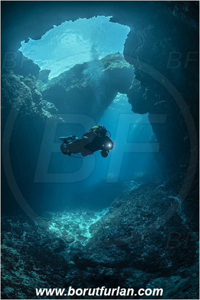 Island Korcula, Croatia, Adriatic sea, Mediterranean sea, Reef, Cave, Canyon, Stone bridge, Light rays, Diver