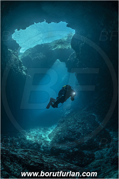 Island Korcula, Croatia, Adriatic sea, Mediterranean sea, Reef, Cave, Canyon, Stone bridge, Light rays, Diver