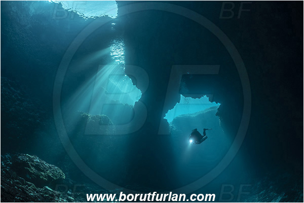 Island Korcula, Croatia, Adriatic sea, Mediterranean sea, Reef, Cave, Canyon, Stone bridge, Light rays, Diver