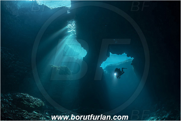 Island Korcula, Croatia, Adriatic sea, Mediterranean sea, Reef, Cave, Canyon, Stone bridge, Light rays, Diver