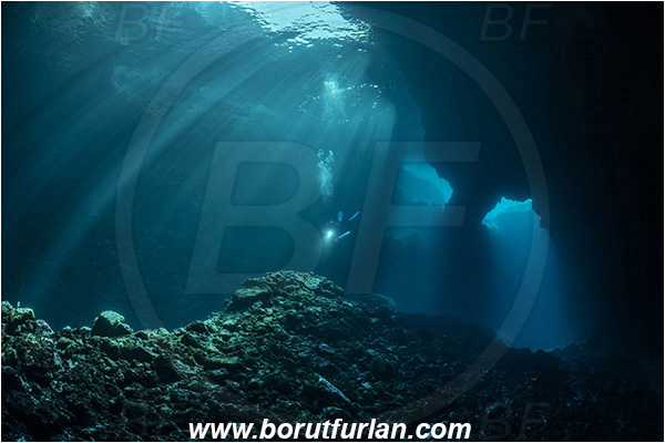 Island Korcula, Croatia, Adriatic sea, Mediterranean sea, Reef, Cave, Canyon, Stone bridge, Light rays, Diver