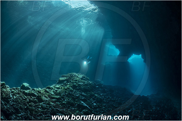 Island Korcula, Croatia, Adriatic sea, Mediterranean sea, Reef, Cave, Canyon, Stone bridge, Light rays, Diver