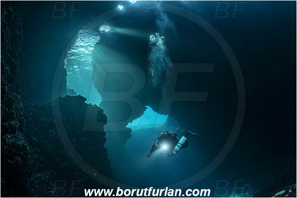 Island Korcula, Croatia, Adriatic sea, Mediterranean sea, Reef, Cave, Canyon, Stone bridge, Light rays, Diver