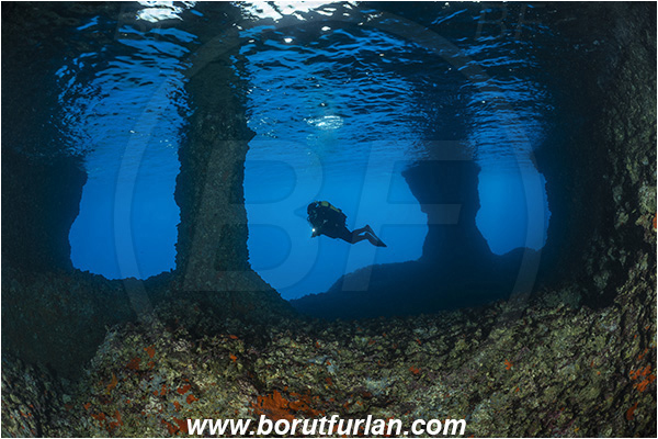 Island Vis, Croatia, Adriatic sea, Mediterranean sea, Reef, Cave, Pillar, Rocks, Diver
