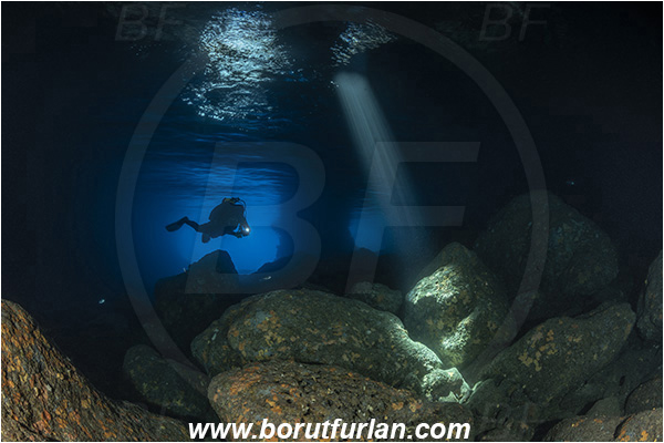 Island Vis, Croatia, Adriatic sea, Mediterranean sea, Reef, Cave, Green cave, Diver, Light ray