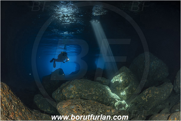 Island Vis, Croatia, Adriatic sea, Mediterranean sea, Reef, Cave, Green cave, Diver, Light ray