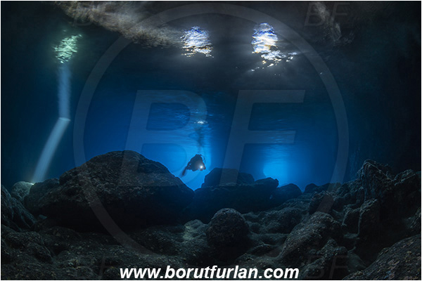 Island Vis, Croatia, Adriatic sea, Mediterranean sea, Reef, Cave, Green cave, Diver, Light ray