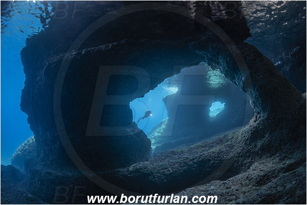 Island Vis, Croatia, Adriatic sea, Mediterranean sea, Reef, Cave, Stone arch, Rocks, Diver