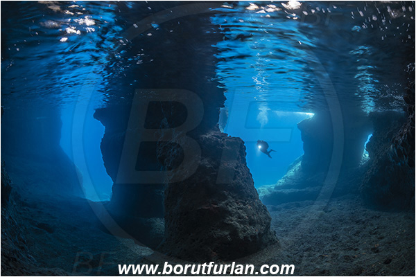Island Vis, Croatia, Adriatic sea, Mediterranean sea, Reef, Cave, Pillar, Rocks, Diver