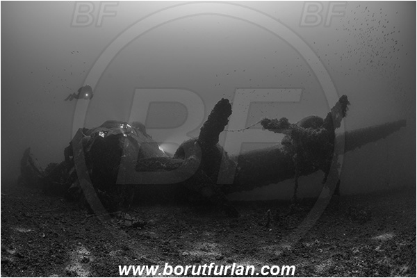 Island Vis, Croatia, Adriatic sea, Mediterranean sea, Wreck, Airplane, Bomber, B-17, Flying fortress, Diver, black&white