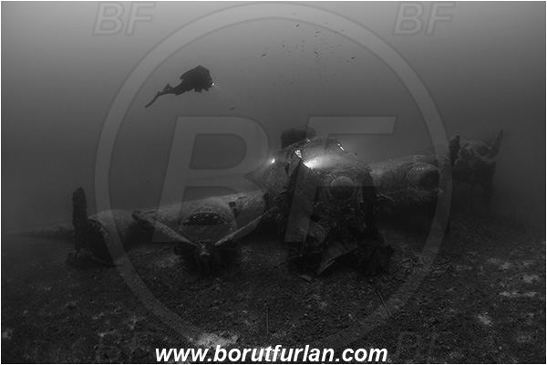 Island Vis, Croatia, Adriatic sea, Mediterranean sea, Wreck, Airplane, Bomber, B-17, Flying fortress, Diver, black&white