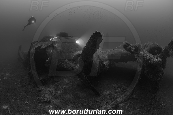 Island Vis, Croatia, Adriatic sea, Mediterranean sea, Wreck, Airplane, Bomber, B-17, Flying fortress, Diver, black&white